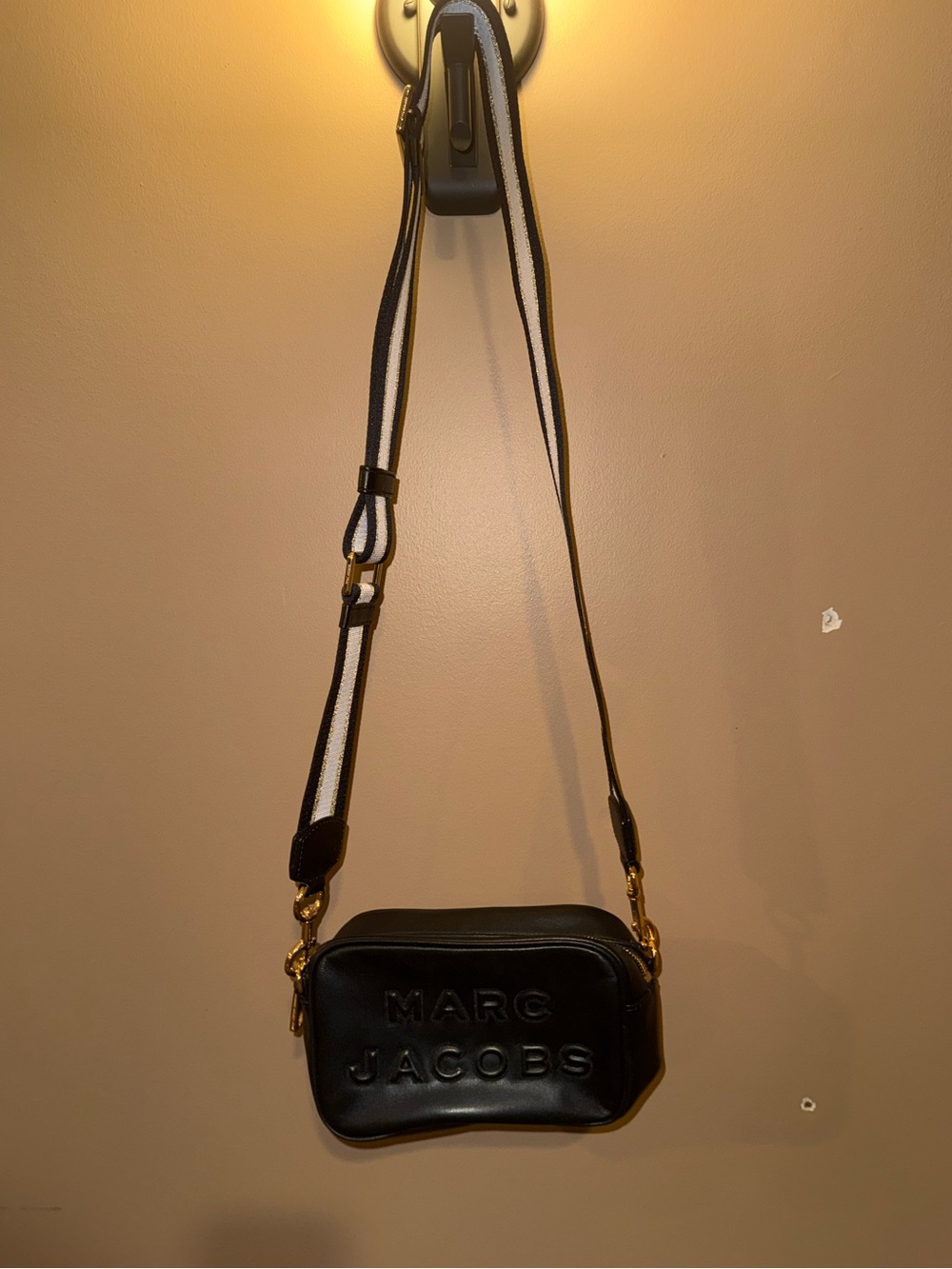 Marc Jacobs Black Leather Crossbody Camera Bag with Striped Strap